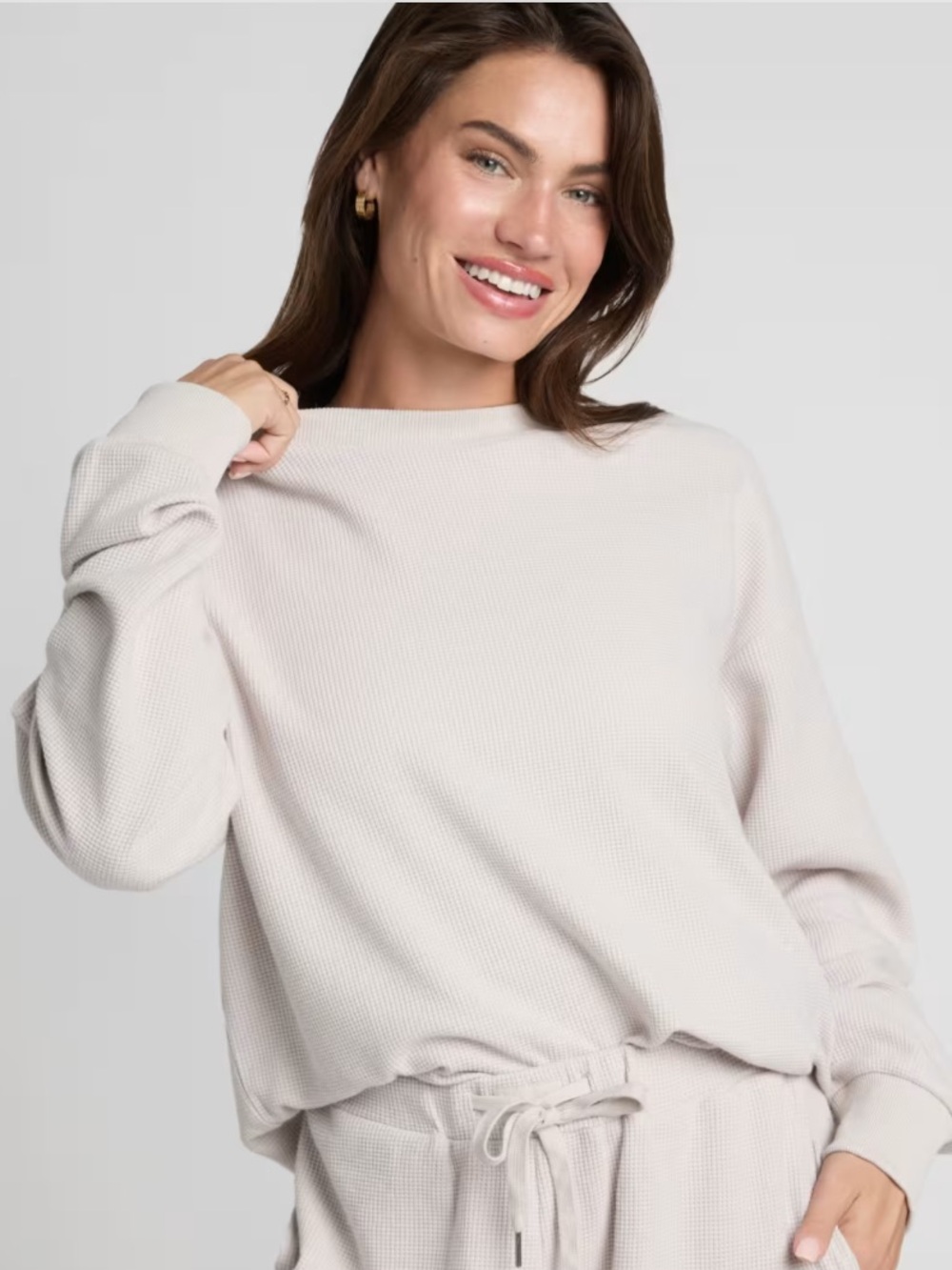Comfrt Women's Waffle Knit long Sleeve Loungewear Sweater Beige Size Med